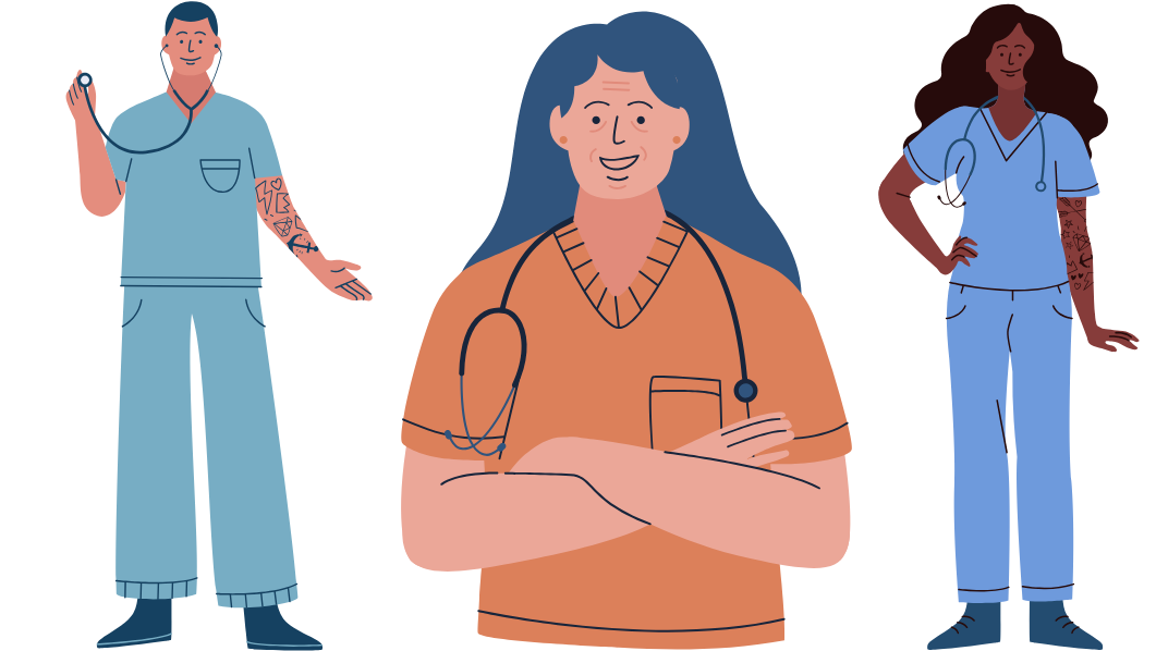 fumetti con infermiere, infermera e assistente