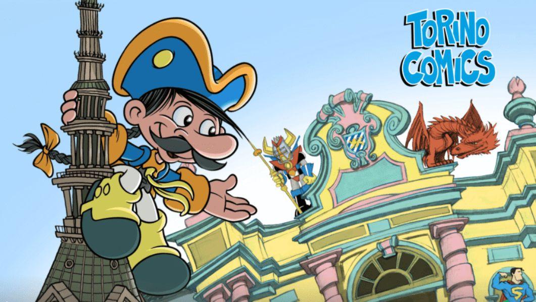 Locandina Torino Comics 2026 disegno personaggio su Mole Antonelliana e facciata palazzo