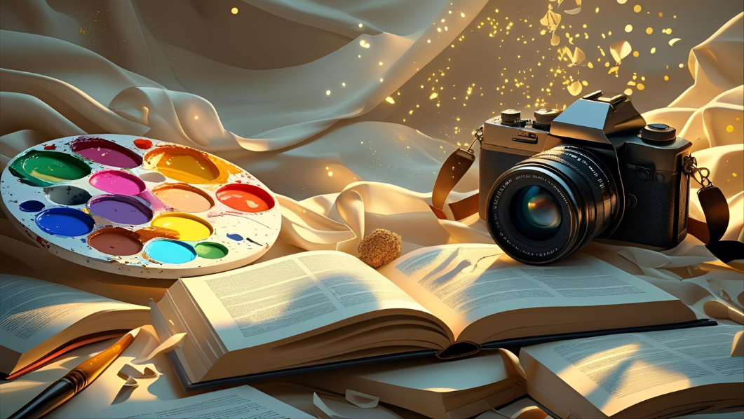 Tavolozza di colori, libro e macchina fotografica