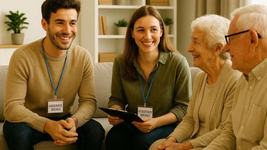 due assistenti sociali a colloquio con due anziani