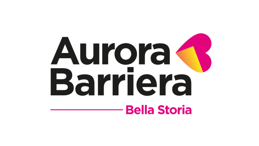 scritta Aurora Barriera Bella Storia con logo a forma di cuore giallo e rosa