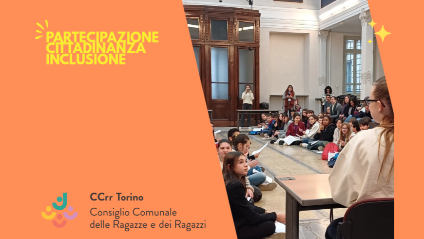 Sfondo colorato scritta CCR Torino Consiglio comunale delle Ragazze e dei Ragazzi Partecipazione Cittadinanza Inclusione