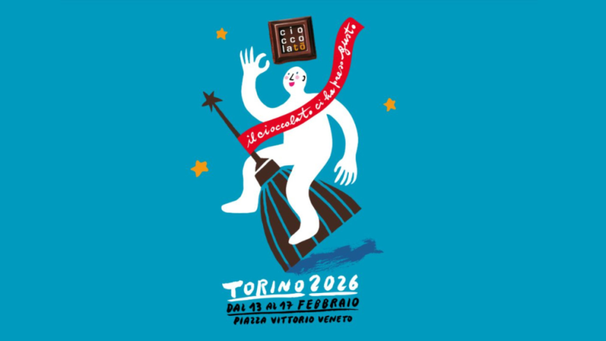 Logo Cioccolatò 2026: uomo che cavalca scopa di cioccolato a forma di Mole