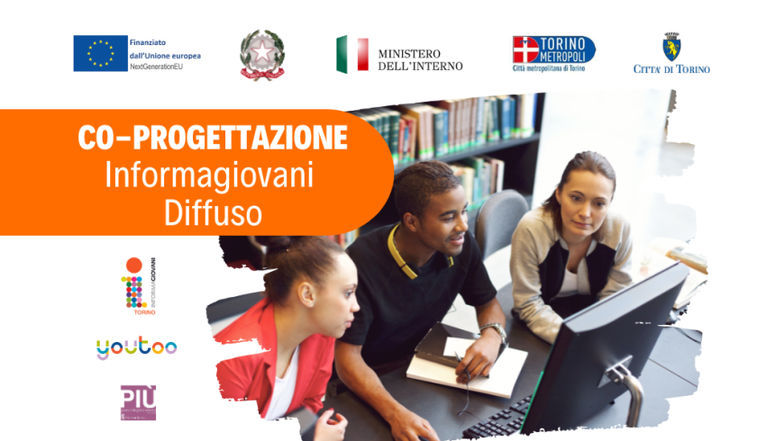 Ragazzi al pc, scritta Co-progettazione Informagiovani diffusi, loghi istituzionali