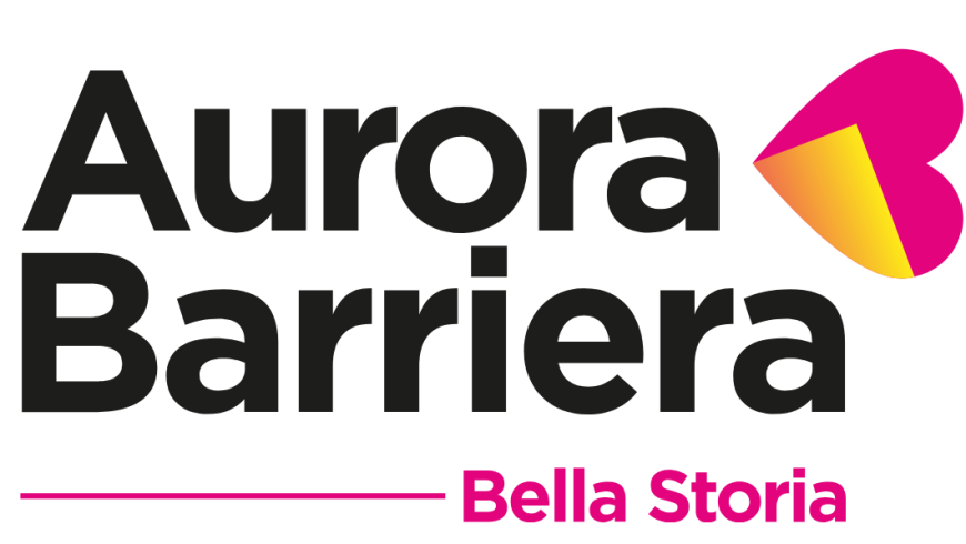 scritta Aurora Barriera Bella Storia con logo a forma di cuore giallo e rosa