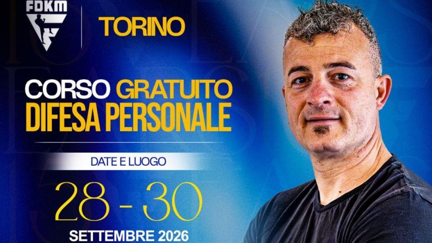 scritta corso gratuito di difesa personale con foto in primo piano di un uomo 
