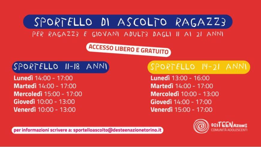scritta Sportello di ascolto ragazze3 per ragazz3 e giovani adult3 dai 11 ai 21 anni