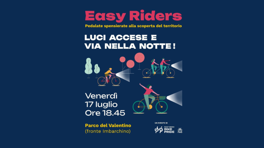 scritta Easy Riders con dettagli dell'iniziativa e disegno stilizzato di ciclisti che pedalano al buio con le luci delle bici accese