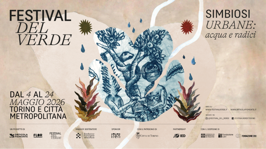 scritta Festival del verde. Simbiosi urbane: acqua e radici. con disegni stilizzati di piante
