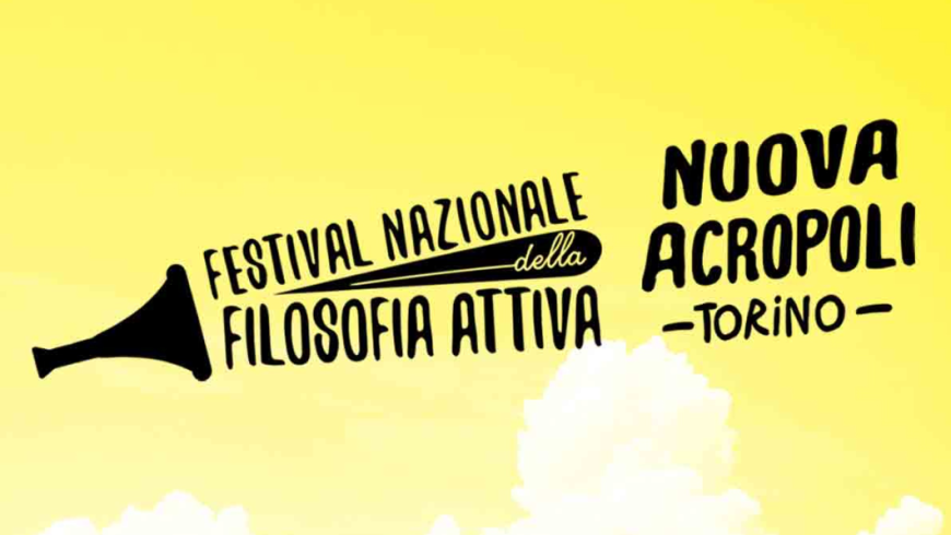 silhouette nera di una tromba o un megafono con scritta festival della filosofia attiva e Nuova Acropoli Torino