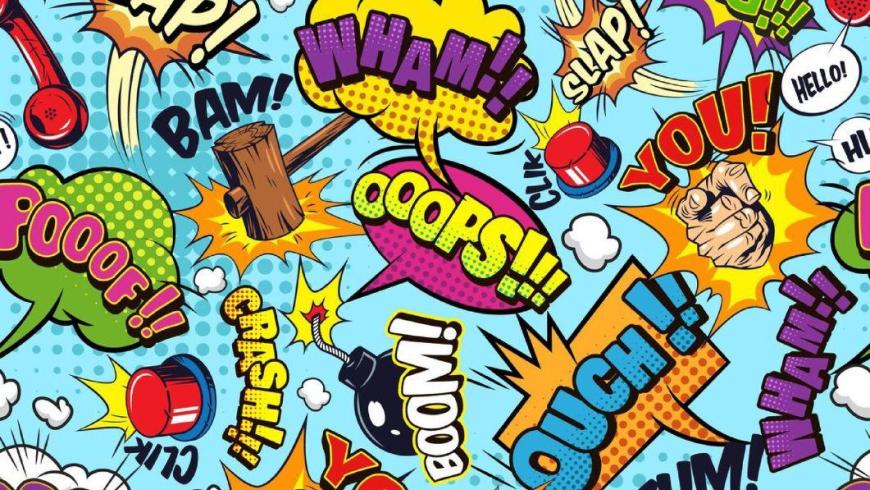 Collage di nuvole fumetto con parole come Bam Boom Click Crash