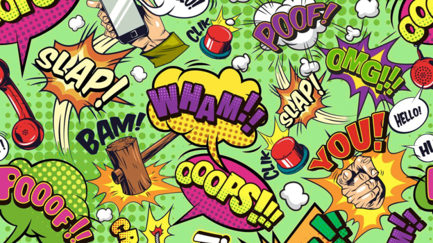 Collage di nuvole fumetto con parole come Bam Boom Click Crash