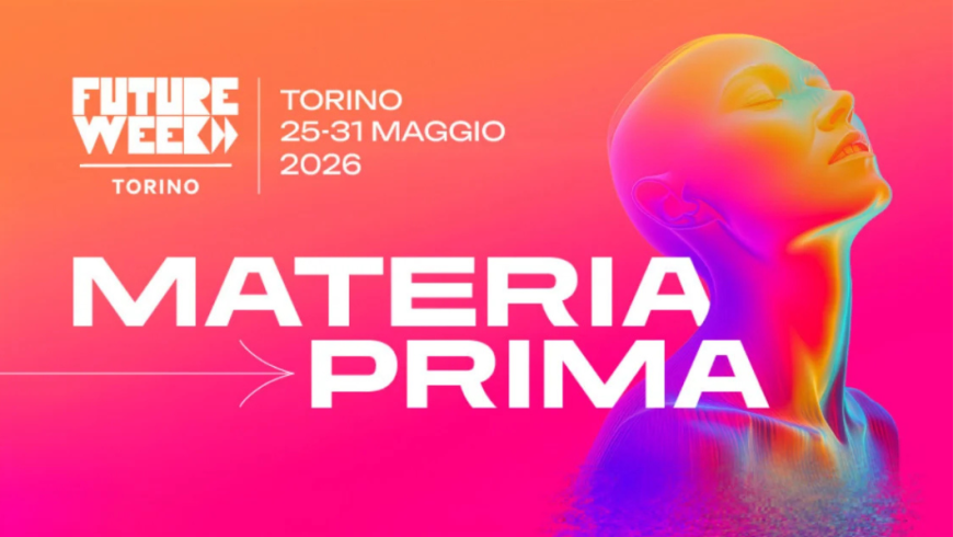Disegno di testa e spalle di persona sfumata dal giallo al blu e scritte Future Week - Materia prima