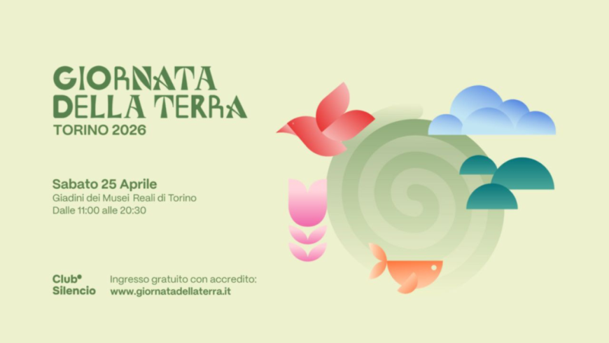 scritta Giornata della terra Torino 2026 con disegno di un pesce, un uccello, un fiore e delle nuvole