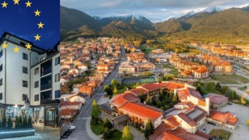 Immagine di un palazzo con sovraimpressione stelle della bandiera UE e immagine città vista dall'alto con sfondo di montagne