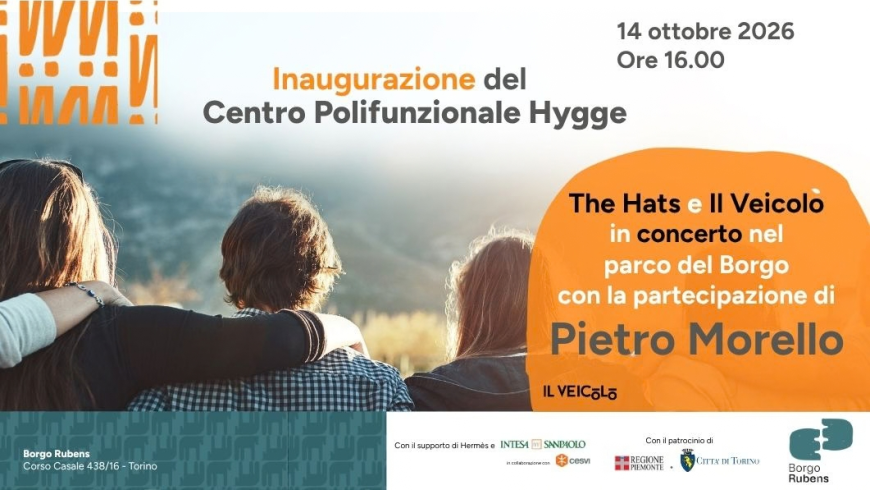 Locandina informativa per l'inaugurazione del Centro Polifunzionale Hygge a Torino il 14 ottobre 2026, che prevede un concerto nel parco con la partecipazione di Pietro Morello