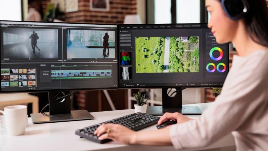 Ragazza al pc per montaggio video