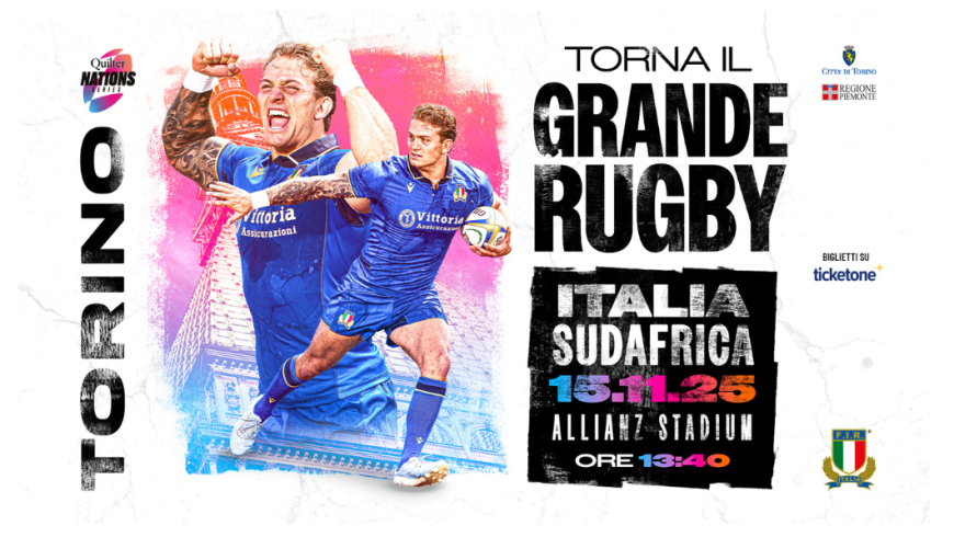 Disegno rugbisti azzurri e scritte Torino Torna il grande rugby Italia Sudafrica data luogo partita