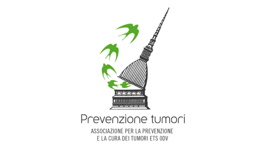 logo dell'associazione Prevenzione tumori con immagine della mole da cui fuoriescono 5 rondini verdi
