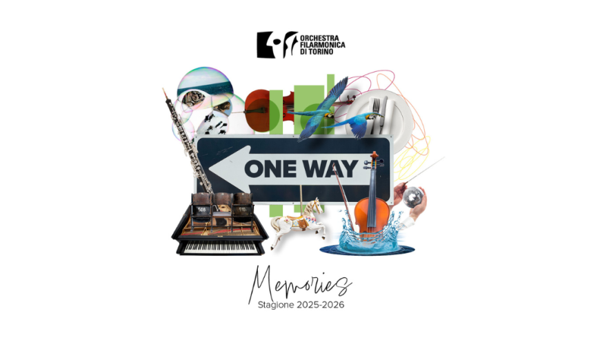 Copertina stagione 2025/2026 con un cartello con su scritto one way e diversi oggetti come un violino e un clarinetto