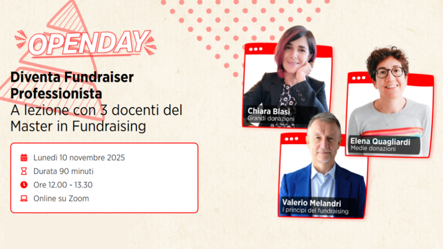 Tre foto di persone e scritte Openday Diventa Fundraiser Professionista