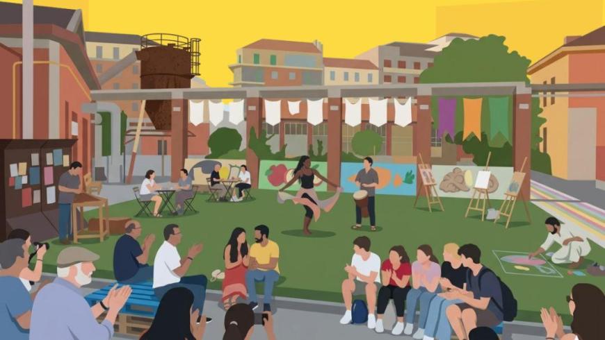 disegno di un cortile in cui persone di età diverse assistono a uno spettacolo di danza e a una mostra d'arte