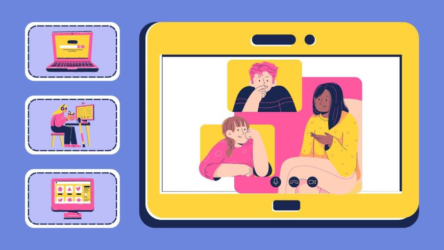 vari riquadri con pc schermo e un ragazzo e ragazza che ascoltano