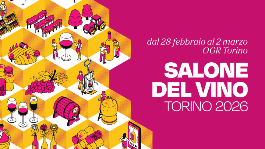 scritta Salone del Vino Torino 2026 con disegni calici di vino e altri oggetti legati al vino