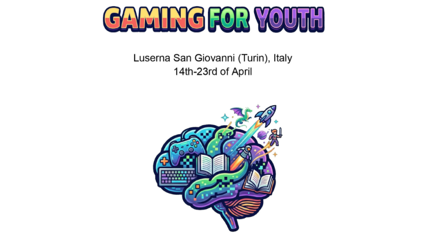 scritta Gaming for youth con disegno del cervello con libri, tastiera di un pc e personaggi dei videogiochi