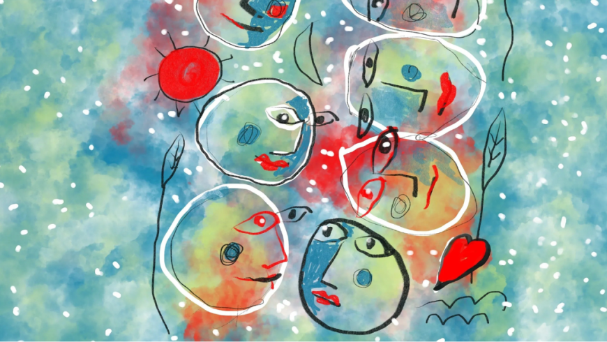 Un disegno in stile astratto che raffigura volti stilizzati e simboli colorati su uno sfondo sfumato azzurro e verde.
