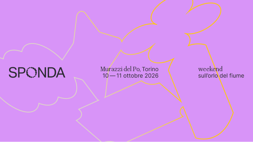 sfondo viola con scritte nere e sagome stilizzate con contorni gialli e bianchi che indicano le date, il luogo e lo slogan dell'evento ai Murazzi del Po a Torino