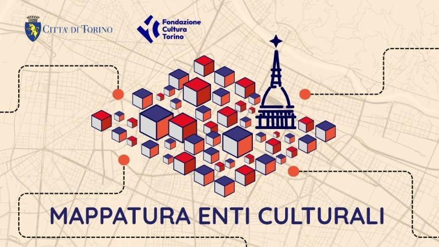 Città di Torino stilizzata con Mole e cubi che rappresentano palazzi + scritta Mappatura enti culturalit  