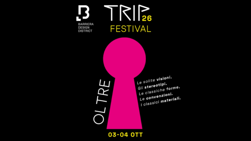 locandina del "Trip 26 Festival" caratterizzata da una grande sagoma a forma di toppa fucsia su sfondo nero e la parola "OLTRE"