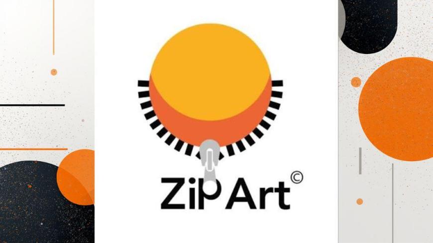 scritta Zip Art con decorazioni geometriche in giallo arancione e nero