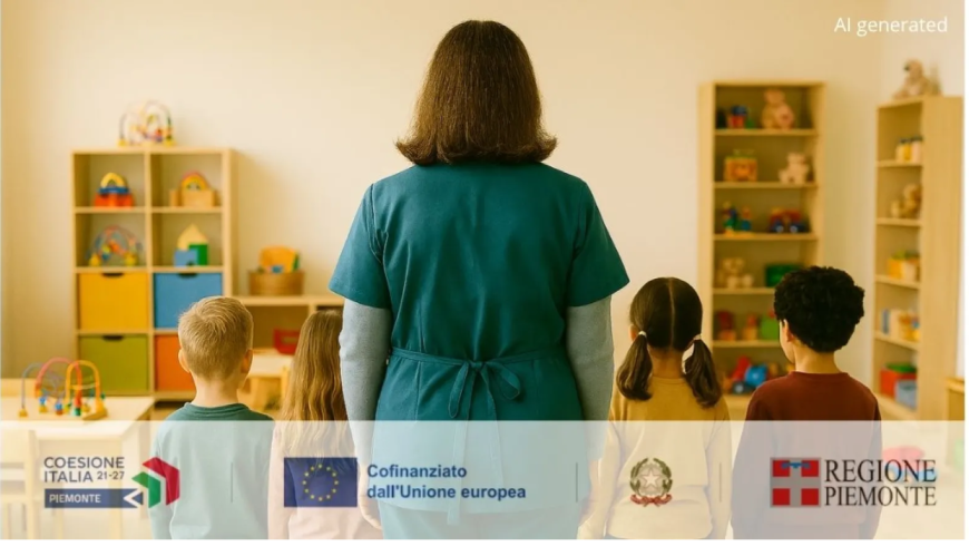 Donna e bambini di spalle in una ludoteca