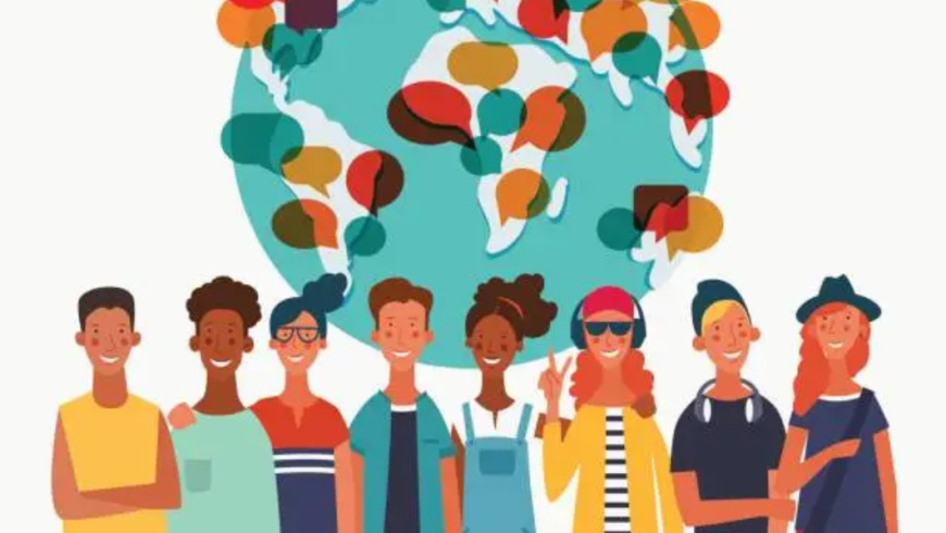 immagine di ragazzi di diversa nazionalità con sullo sfondo il disegno di un un mondo