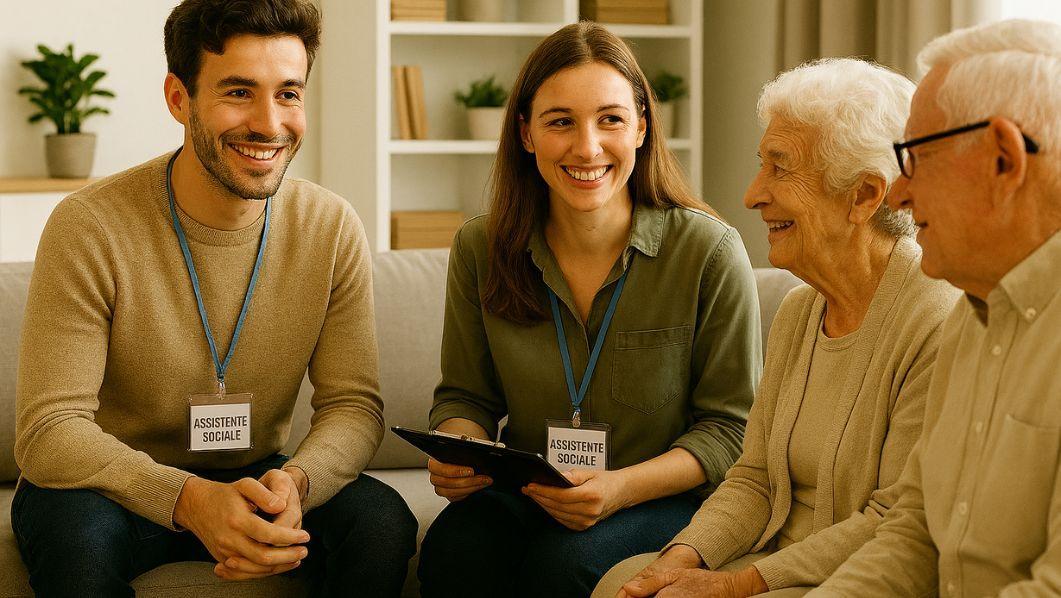 due assistenti sociali a colloquio con due anziani