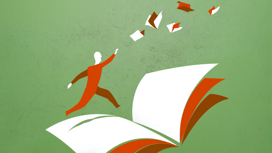 Omino stilizzato che corre su un libro