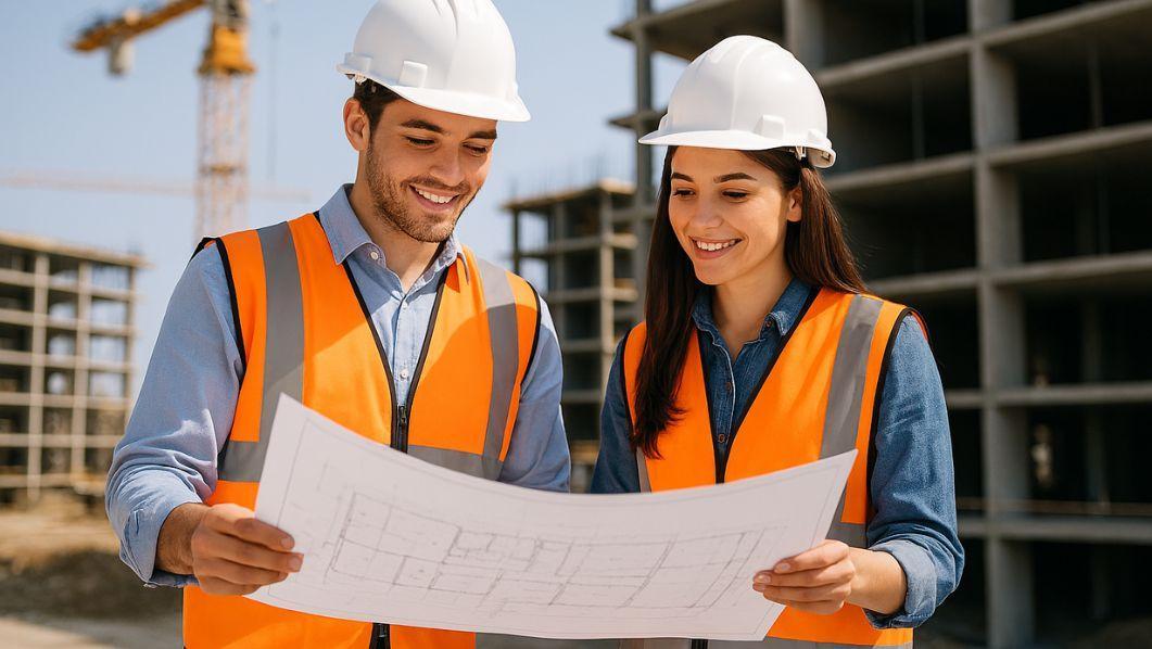 Immagine di due giovani ingegneri (maschio e femmina) col caschetto mentre guardano un progetto edile sullo sfondo di un cantiere