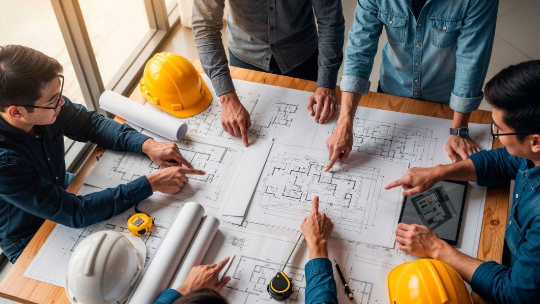 gruppo di ingegneri e architetti che guardano mappe edilizie